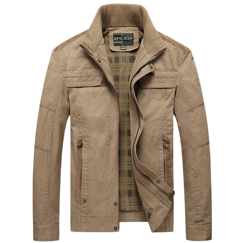 Men's canvas transition jacket with ribbed collar, concealed zipper, and checkered lining Mune Fashion