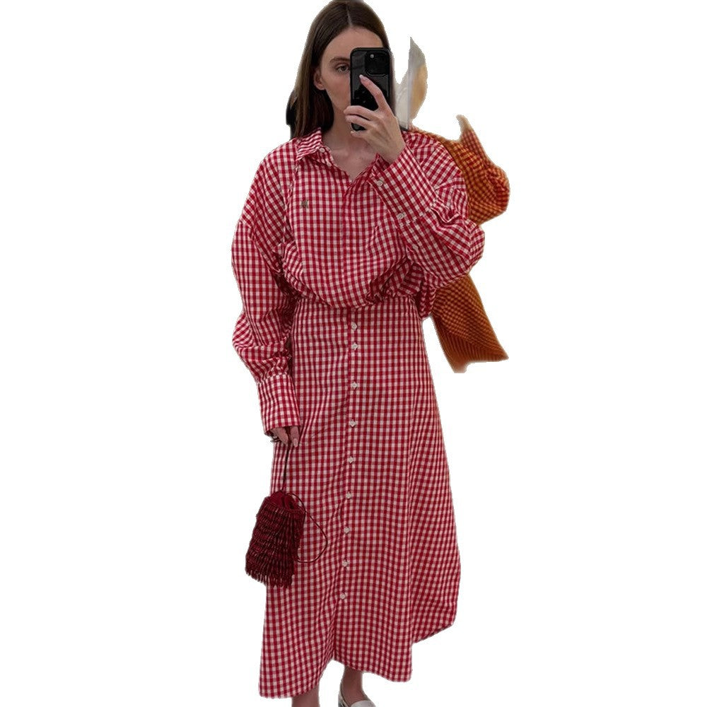 Ladies Check Maxi Dress with Continuous Button Placket, Fitted Waistband and Extended Cuffs Mune Fashion