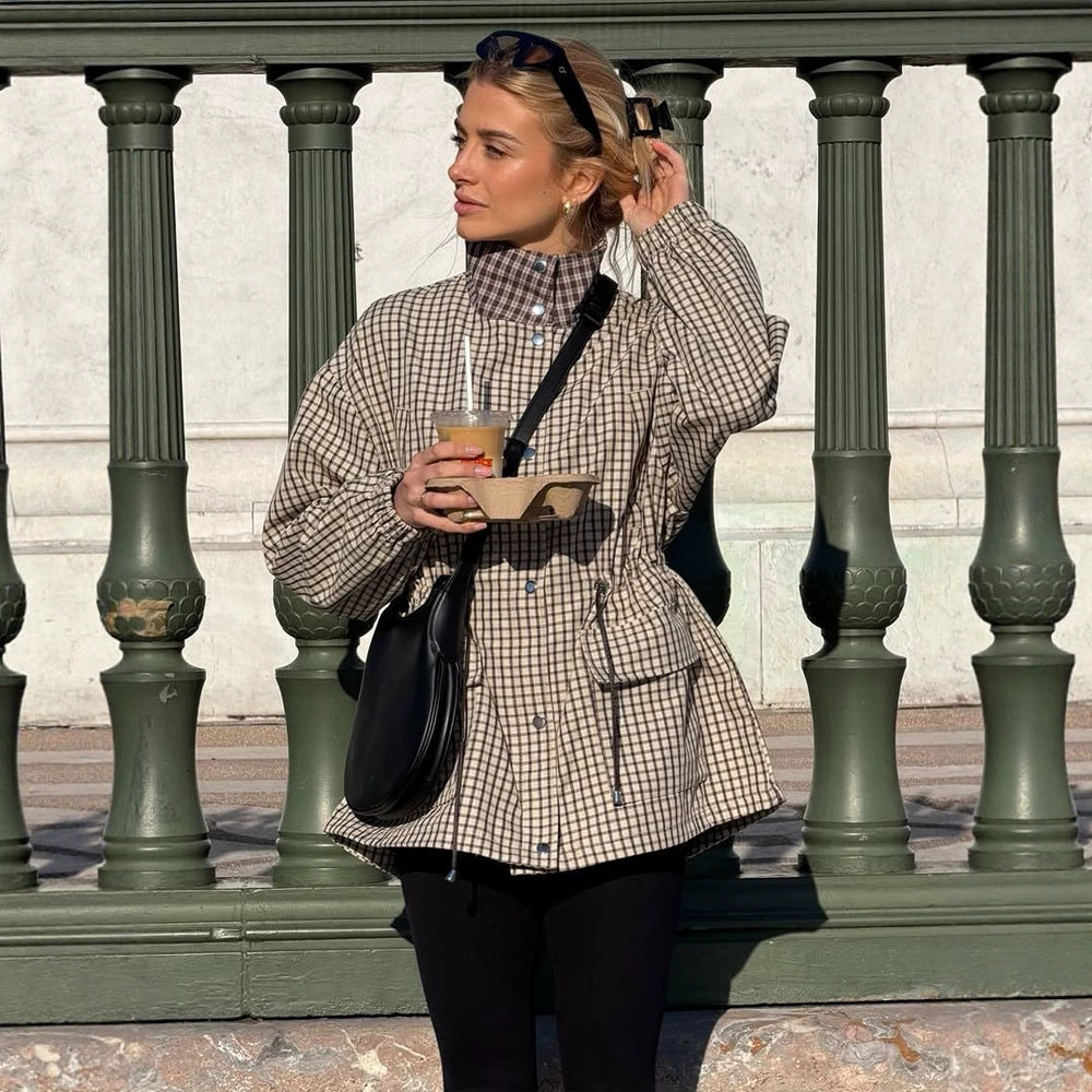 Women Checkered Waist Parka with Stand-up Collar, Drawstring, and Flap Pockets Mune Fashion