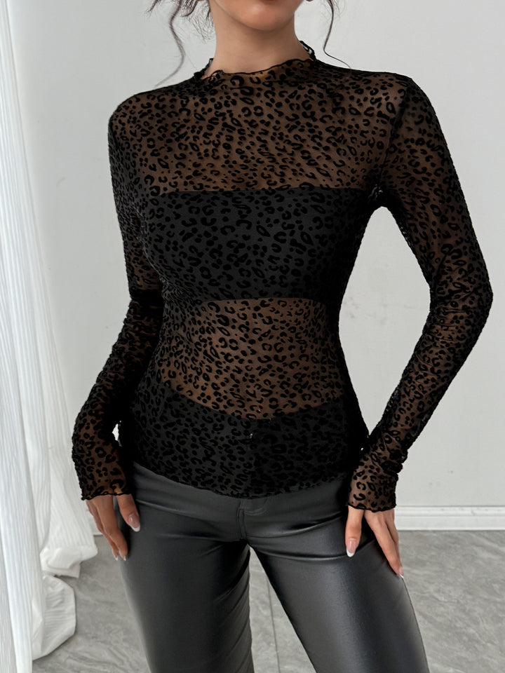 Women's tight-fitting transparent mesh top with raised velour flock leopard print and stand-up collar Mune Fashion
