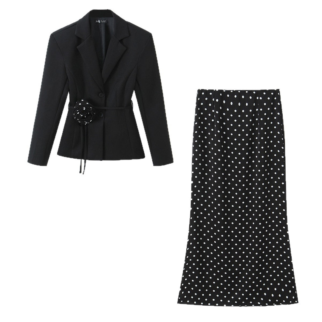 Women's Two-Piece Tailored Blazer and Midaxi Skirt Set with Rose Appliqué on the Belt and Polka Dot Skirt Mune Fashion
