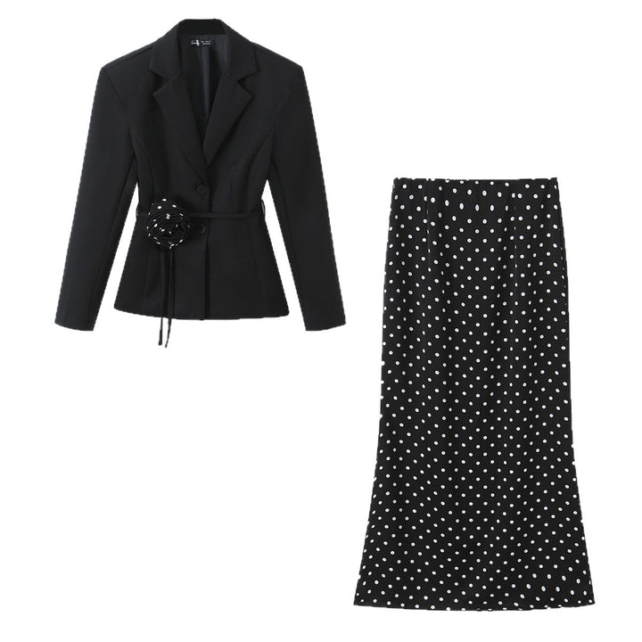 Women's Two-Piece Tailored Blazer and Midaxi Skirt Set with Rose Appliqué on the Belt and Polka Dot Skirt Mune Fashion