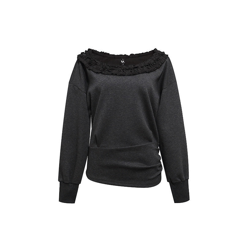 Women's sweatshirt with off-the-shoulder neckline, lace ruffle, and side gathers Mune Fashion