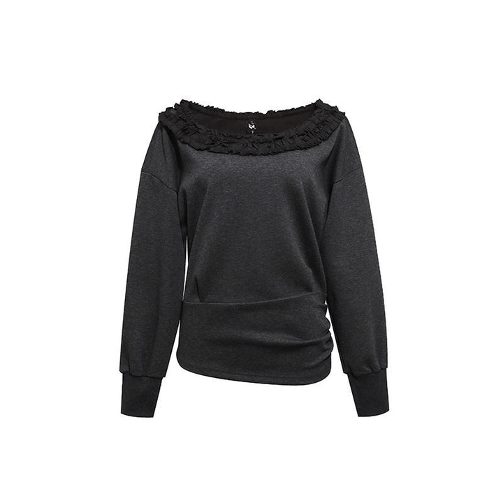 Women's sweatshirt with off-the-shoulder neckline, lace ruffle, and side gathers Mune Fashion