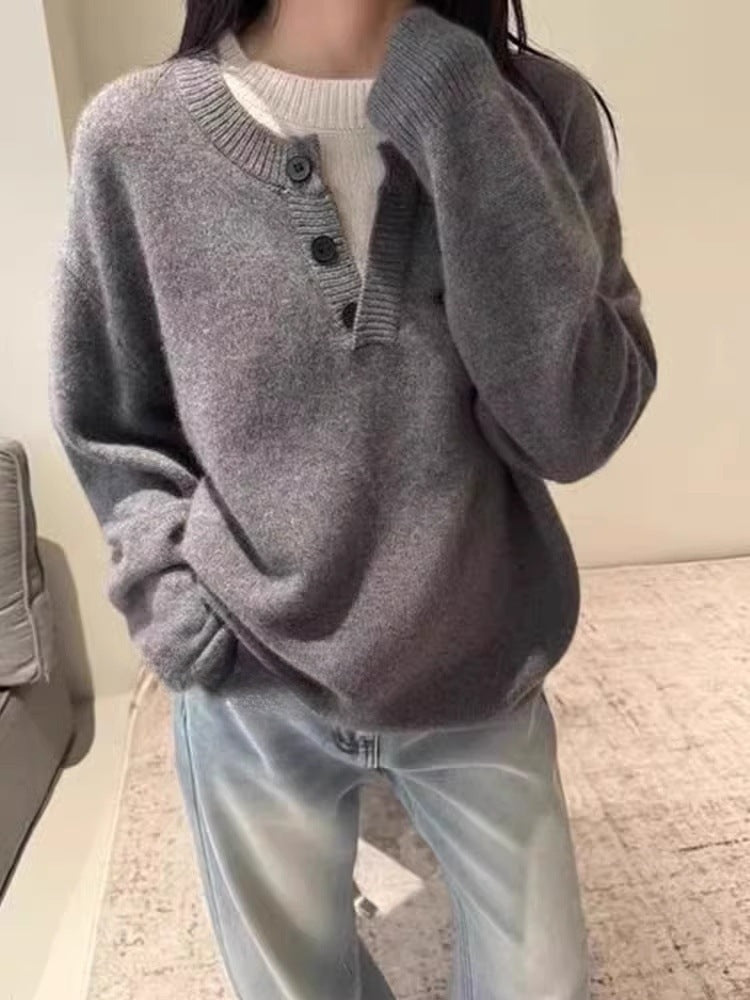Women's Oversize Henley Sweater made of fluffy Mohair-look with button placket Mune Fashion