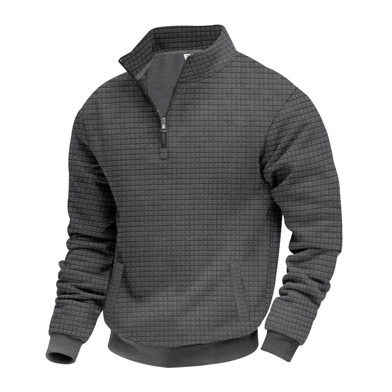 Men's waffle texture half-zip pullover with stand-up collar and subtle side pockets Mune Fashion
