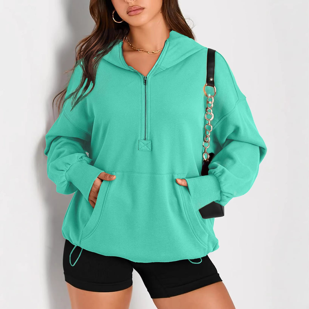Women's Oversize Half-Zip Hoodie with Drawstring and Kangaroo Pocket Mune Fashion