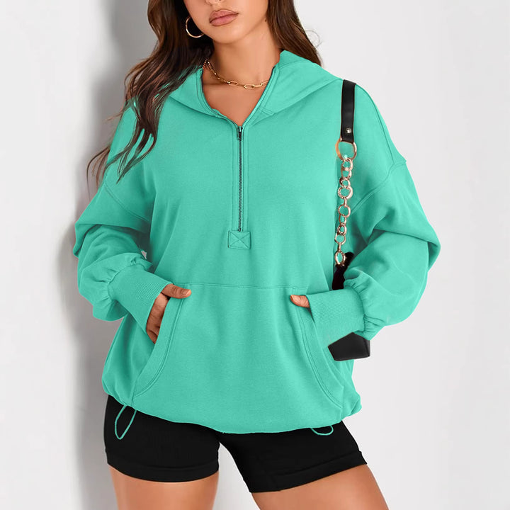 Women's Oversize Half-Zip Hoodie with Drawstring and Kangaroo Pocket Mune Fashion