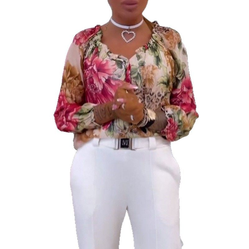 Women's light satin blouse with animal and floral print, ruffled collar, V-neck and cuffed sleeves Mune Fashion