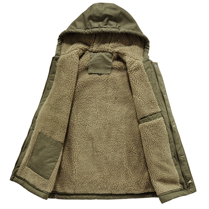 Men's Sleeveless Canvas Vest with Teddy Fleece Lining, Hood, and Two-Way Zipper Mune Fashion