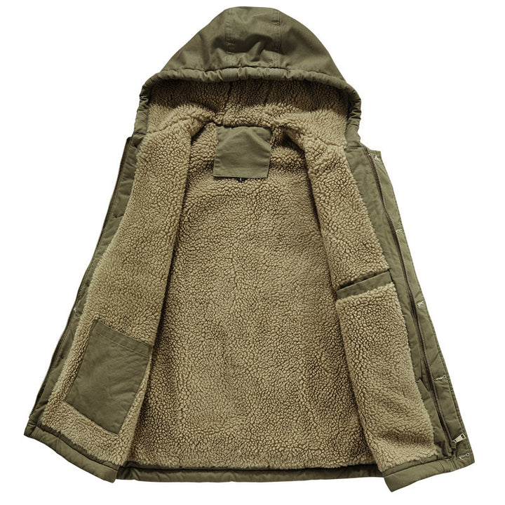 Men's Sleeveless Canvas Vest with Teddy Fleece Lining, Hood, and Two-Way Zipper Mune Fashion