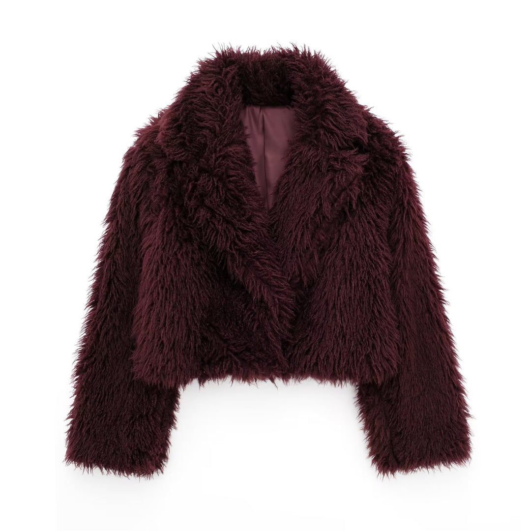 Women Short Cut Teddy Faux Fur Jacket with Wide Lapel Collar and Soft Pile Mune Fashion