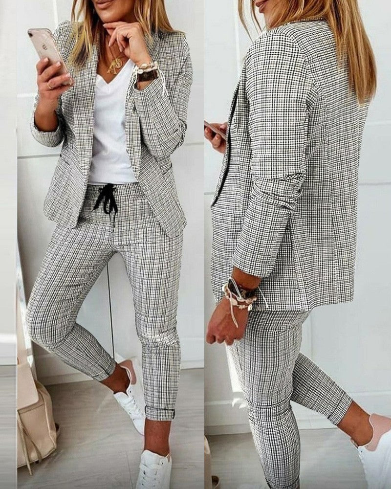 Women's Smart-Casual Blazer Set with open long blazer and tapered jog pants with drawstring Mune Fashion