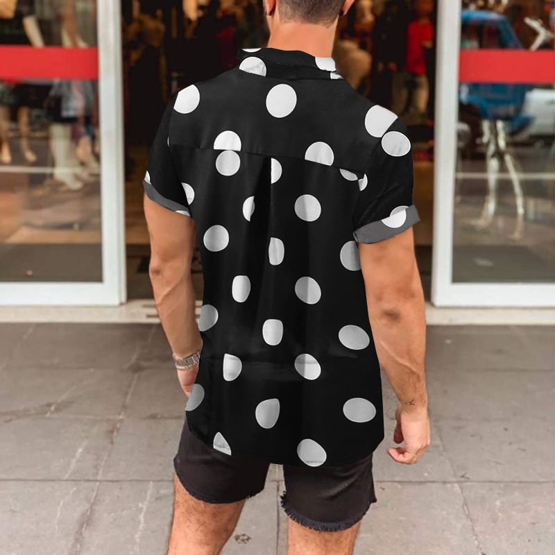 Men's short-sleeved shirt with large polka dot print, deep lapel collar and open button placket Mune Fashion