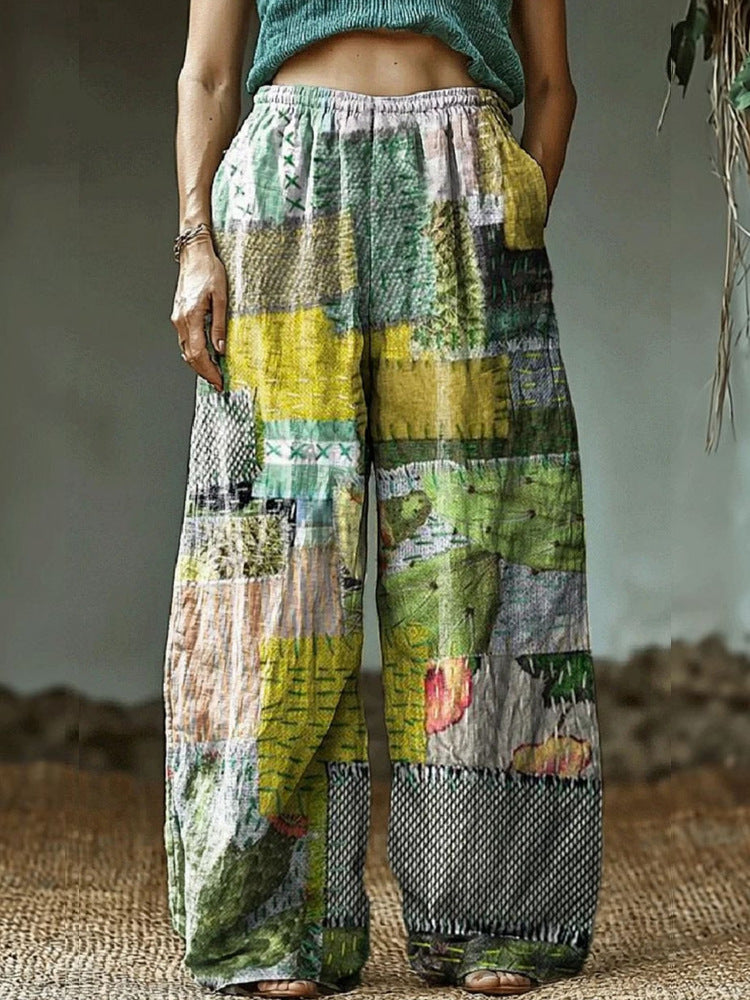 Women's Wide Leisure Pants with Ethnic Patchwork Pattern Mune Fashion