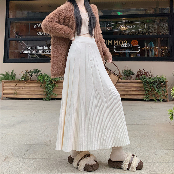 Ladies Elegant Maxi Skirt with Fine Pleats and Button Details Mune Fashion