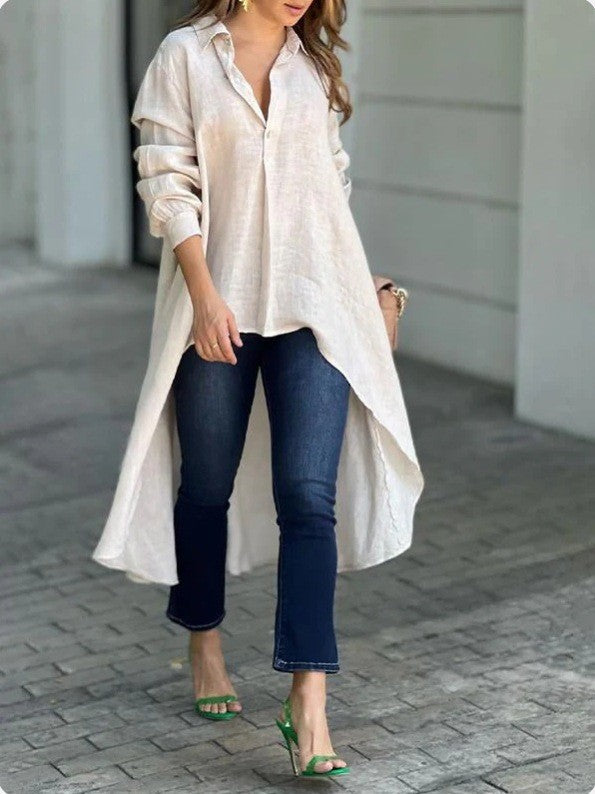 Women Lightweight Linen Tunic Blouse with Asymmetric High-Low Tail and Shirt Collar Mune Fashion