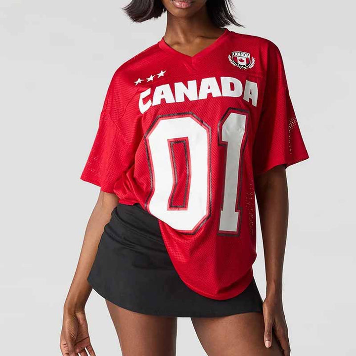 Women's oversized fan jersey in retro sports style with mesh, V-neck and large-area print Mune Fashion