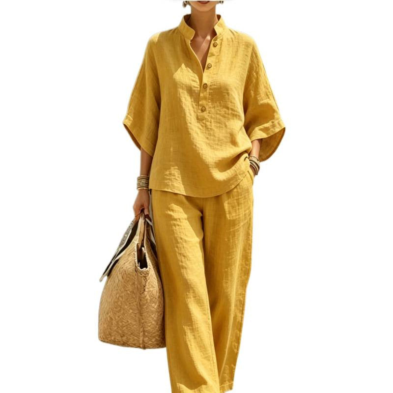 Women's loose linen two-piece with stand-up collar and wide leg Mune Fashion