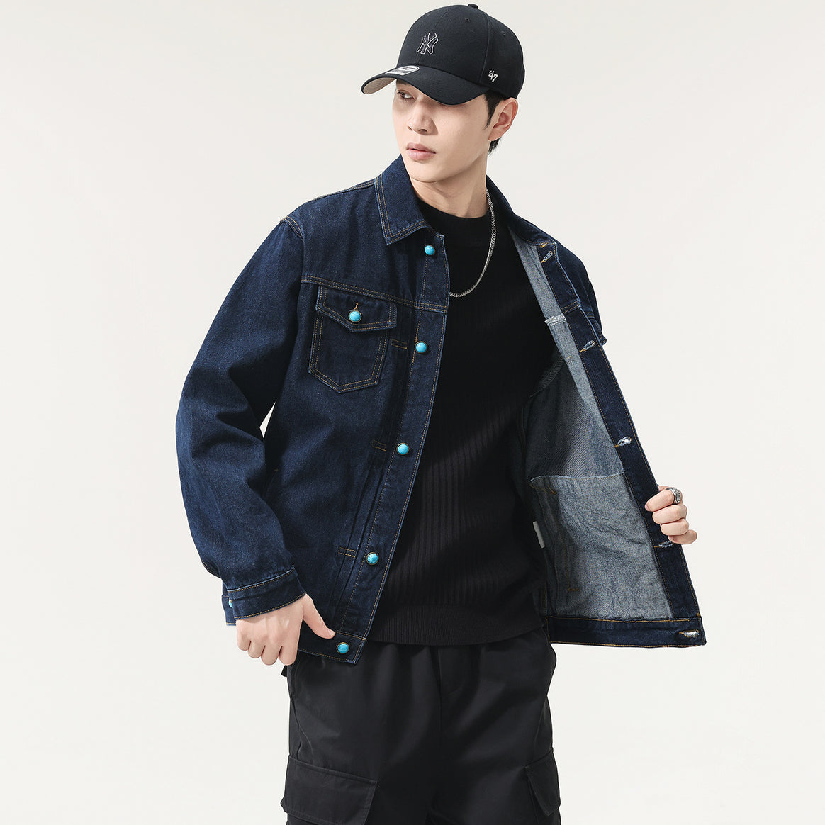 Men's Oversize Denim Jacket with Decorative Press Buttons and Boxy Fit Mune Fashion