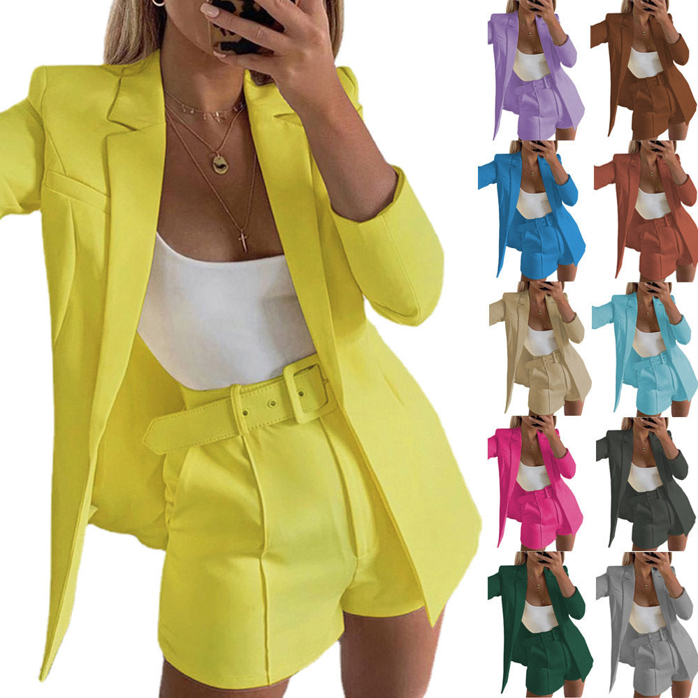 Women's Two-Piece Tailored Blazer Set with High-Waisted Shorts and Belt Mune Fashion