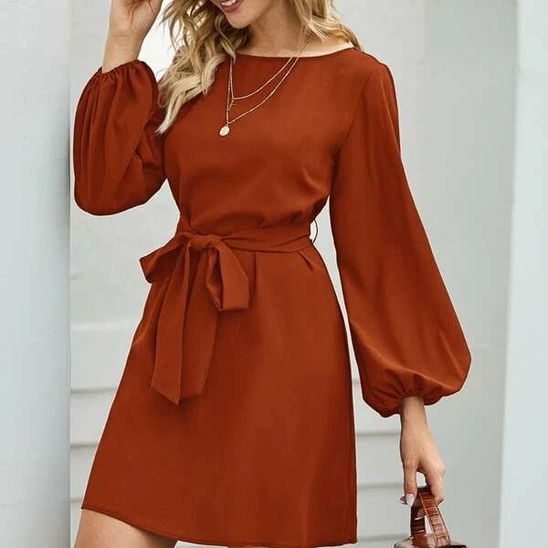 Ladies' elegant sheath dress with balloon sleeves and waist belt Mune Fashion