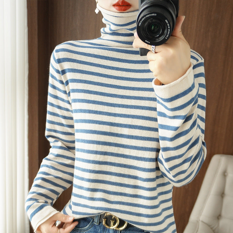Ladies Maritime Fine Knit Turtleneck with Fine Stripe Pattern and Slim Fit Mune Fashion