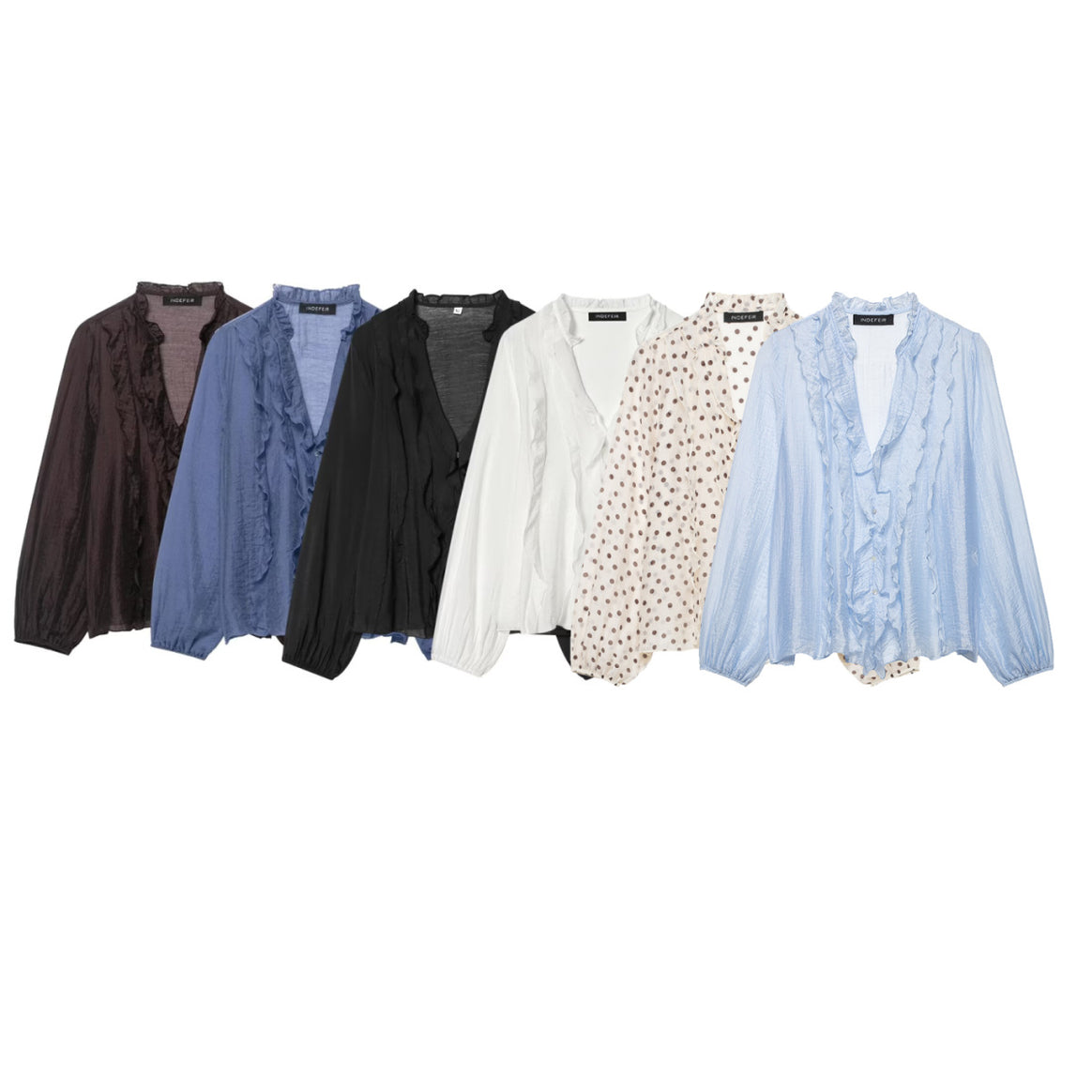 Women's Light Chiffon Blouse with Ruffle Button Placket and Balloon Sleeves Mune Fashion