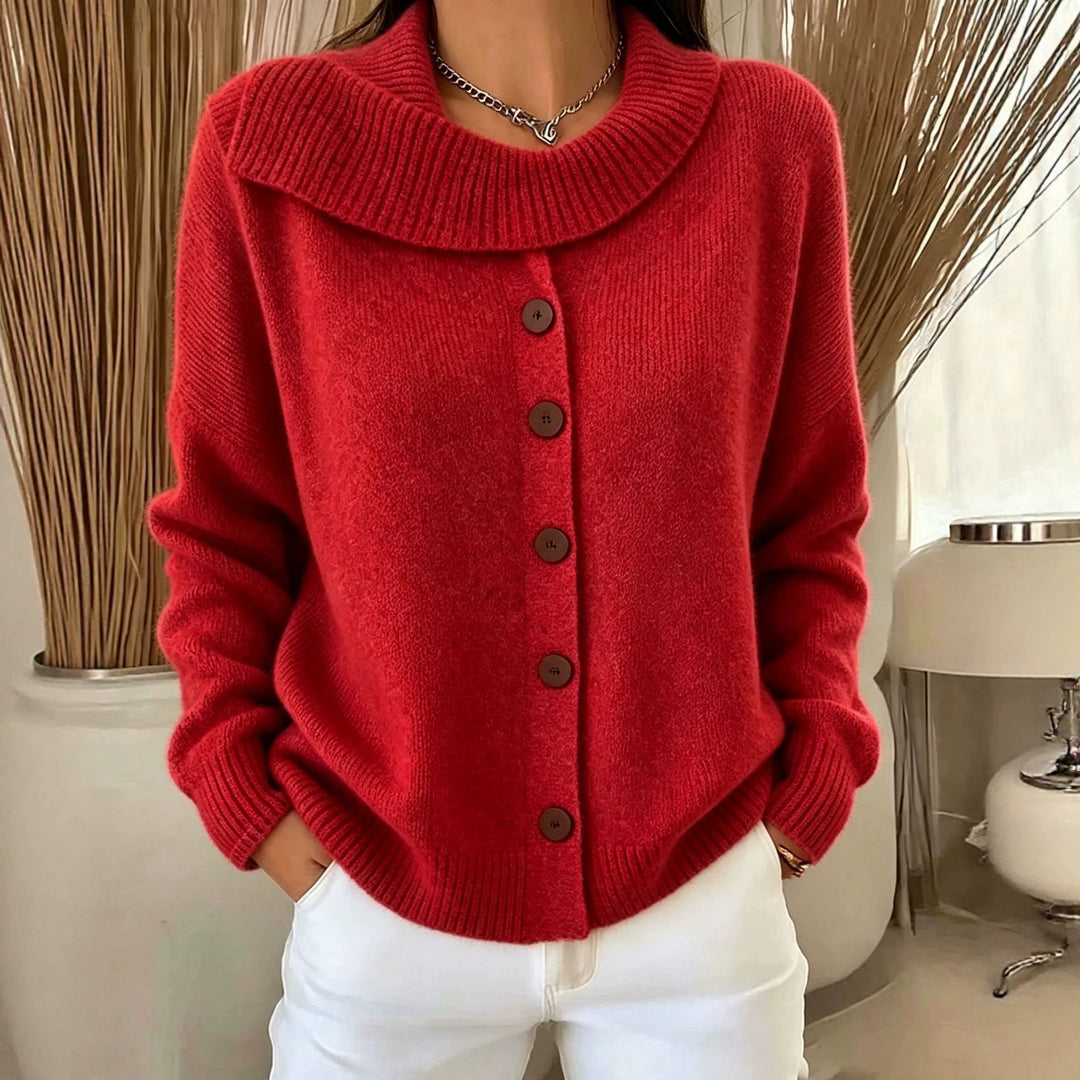 Women's Cozy Button Cardigan with Wide Roll Neck and Ribbed Cuffs Mune Fashion
