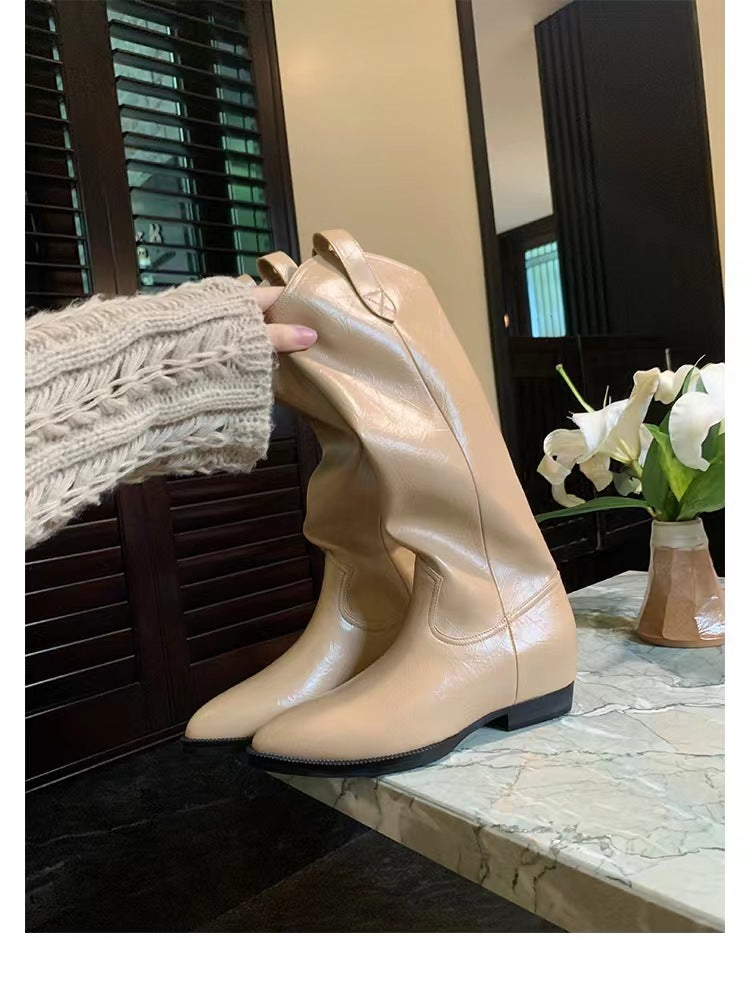 Women's Knee-High Western Boots made of Smooth Leather with Pointed Toe and Low Block Heel Mune Fashion