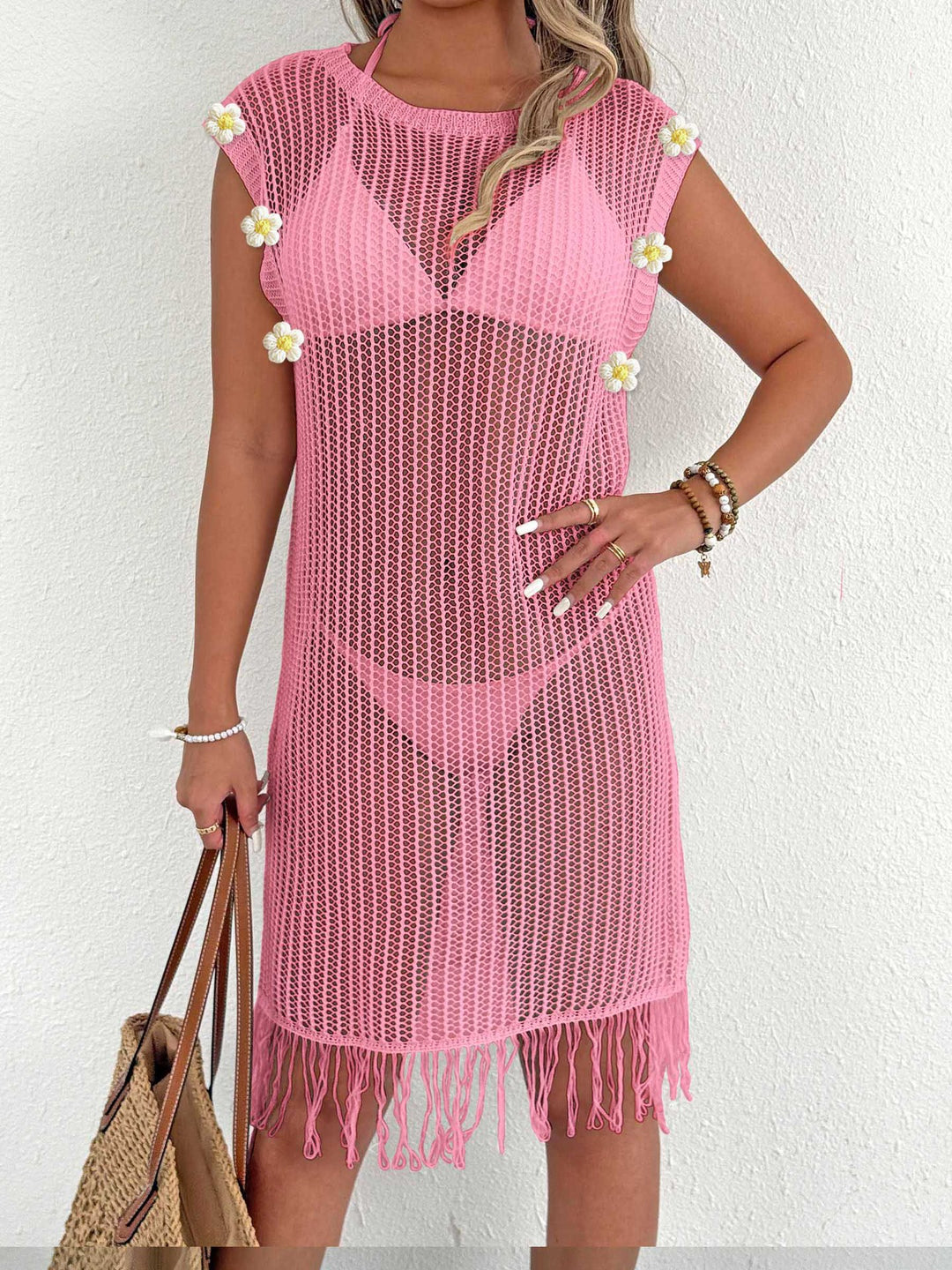 Women airy net beach dress with fringes Mune Fashion