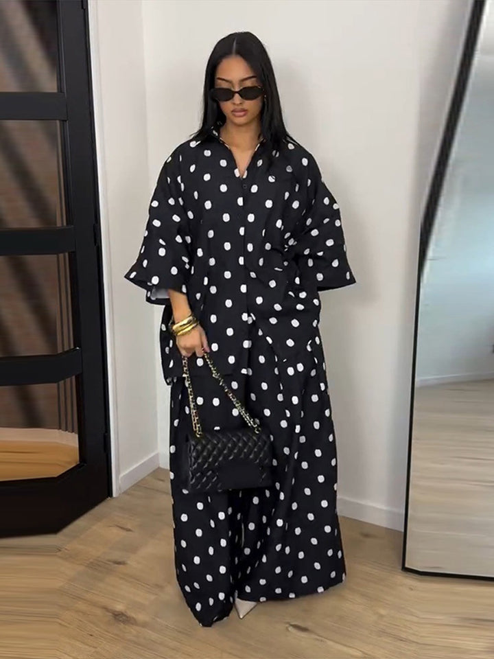 Women's Two-Piece Oversized Blouse and Palazzo Pants Set with Polka Dot Pattern Mune Fashion