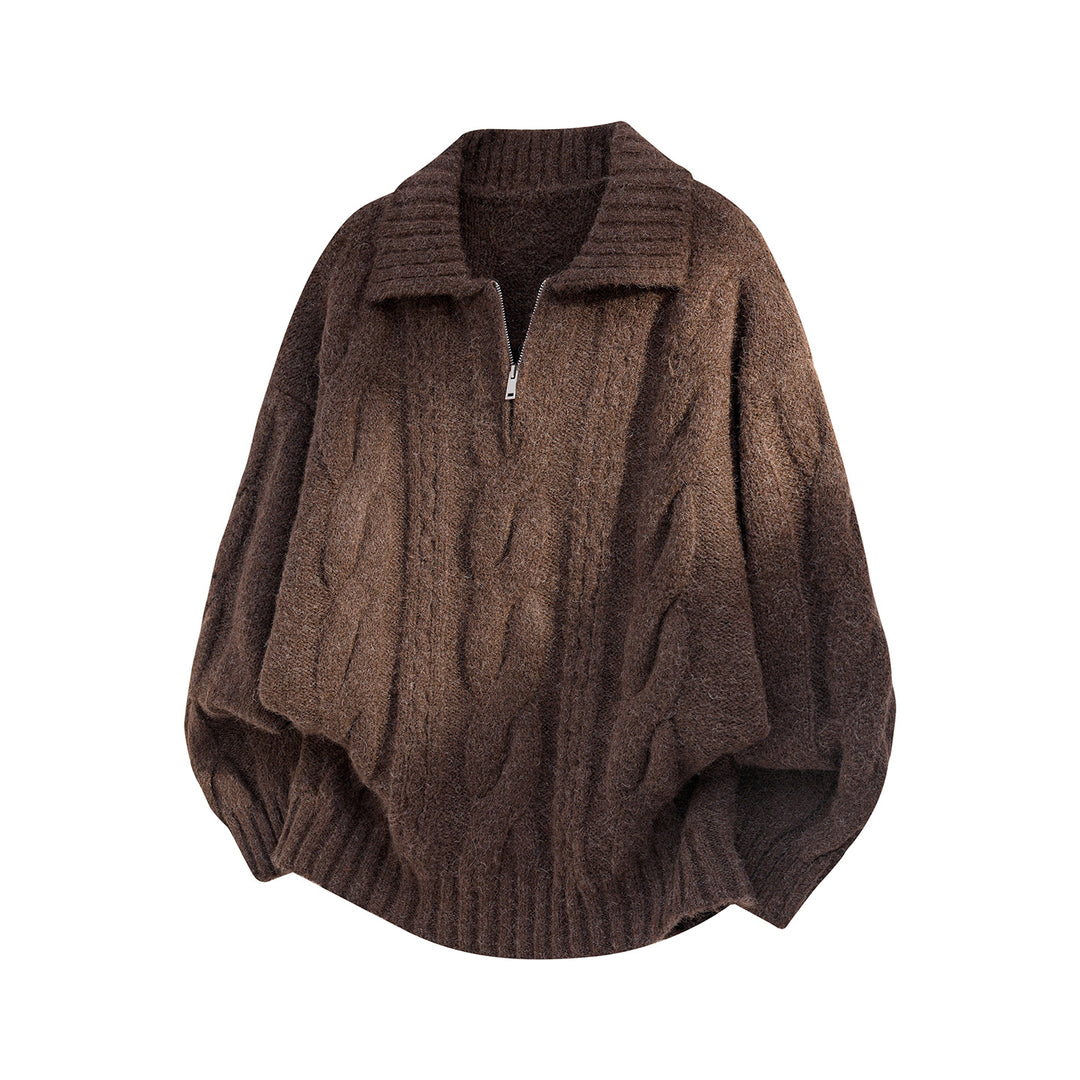 Women's Oversize Knit Sweater with Half Zip, Cable Pattern and Balloon Sleeves Mune Fashion
