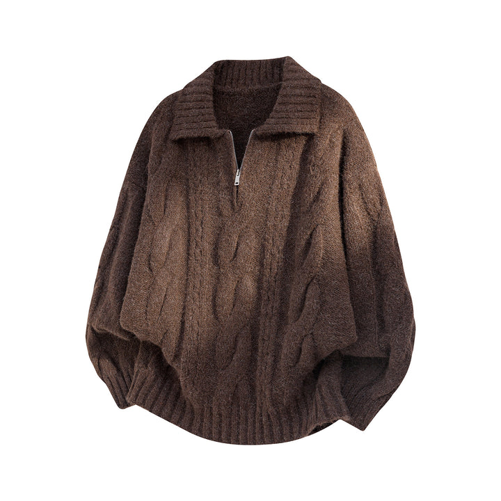Women's Oversize Knit Sweater with Half Zip, Cable Pattern and Balloon Sleeves Mune Fashion