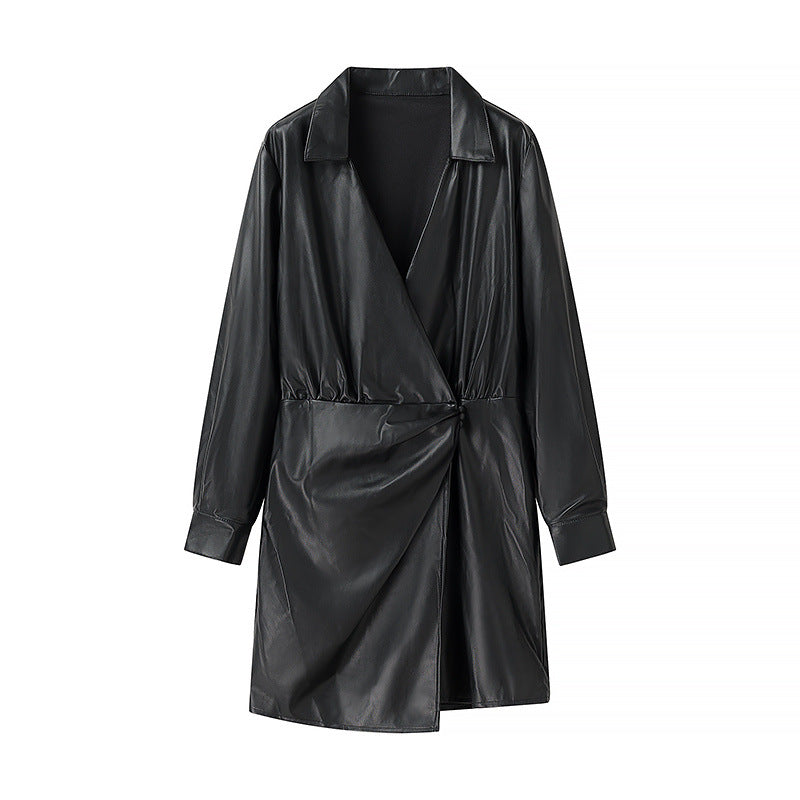 Women's Wrap Faux Leather Mini Dress with Shirt Collar, Gathered Waistline and Cuffs Mune Fashion