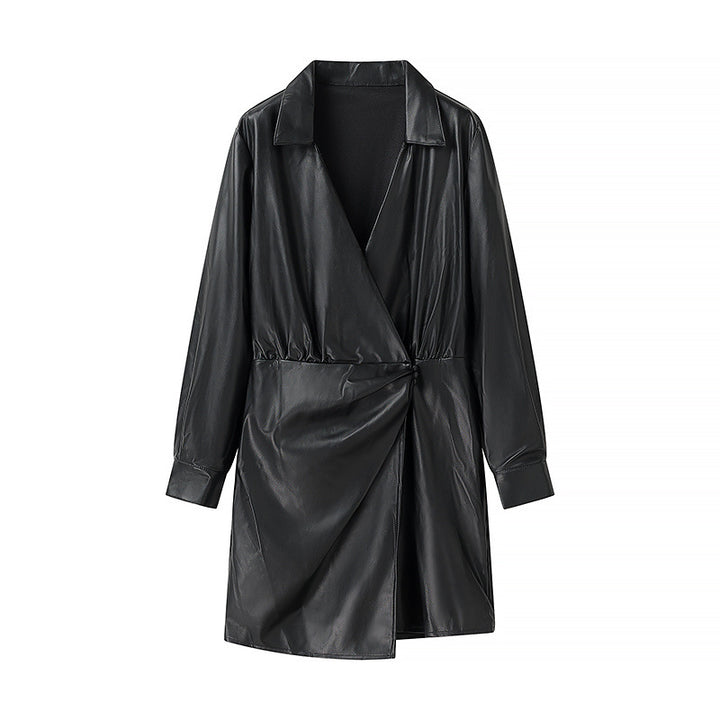 Women's Wrap Faux Leather Mini Dress with Shirt Collar, Gathered Waistline and Cuffs Mune Fashion