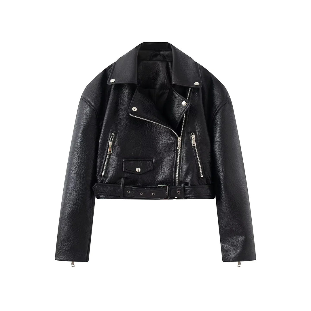 Women nan cropped biker jacket made of vegan leather imitation with asymmetrical zipper and waist belt Mune Fashion