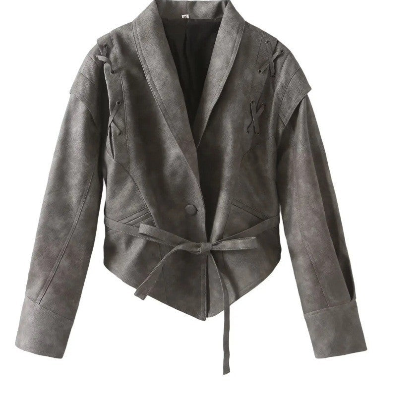 Ladies short jacket made of suede look with wrap belt, shawl collar and lacing detail Mune Fashion