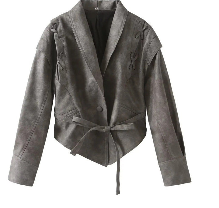 Ladies short jacket made of suede look with wrap belt, shawl collar and lacing detail Mune Fashion