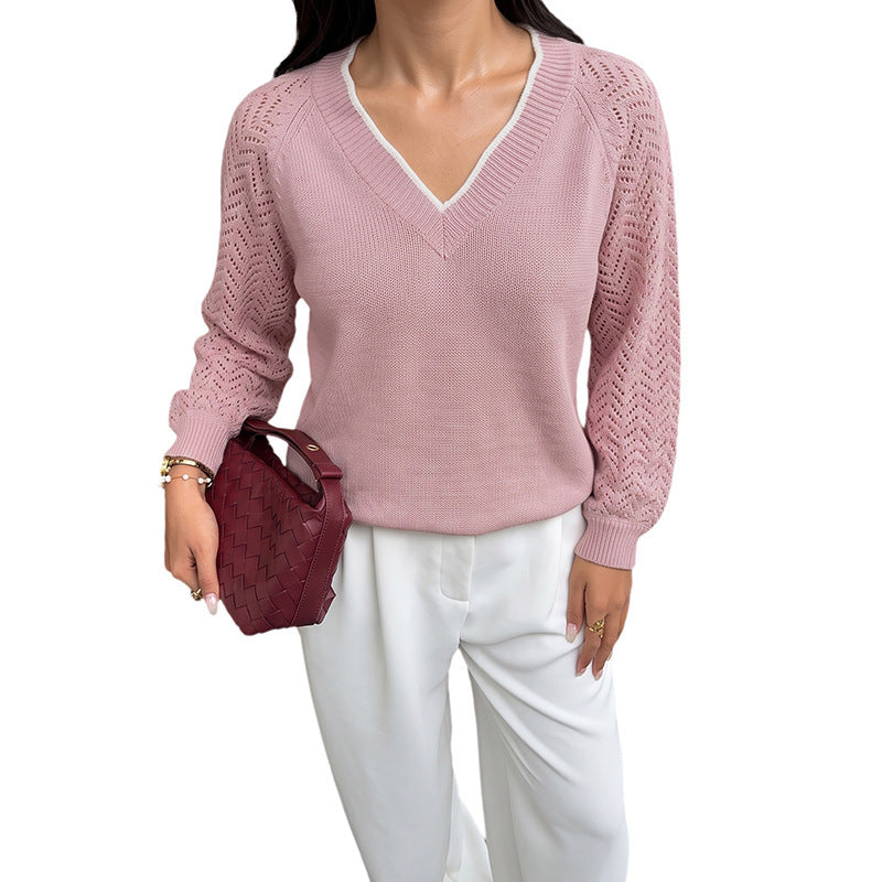 Ladies Elegant Sweater with Lace Pattern and V-Neck Mune Fashion
