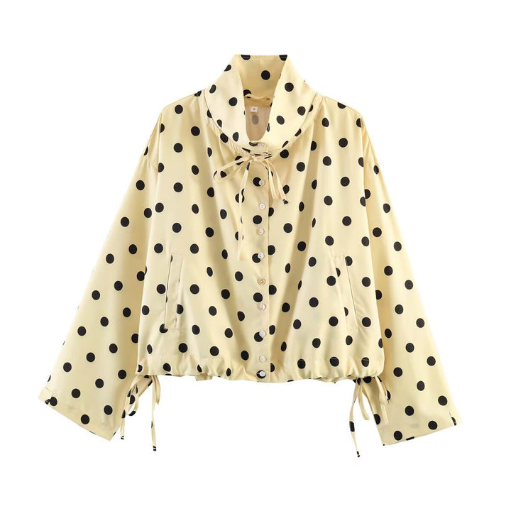 Women's Cropped Polka Dot Transition Jacket with Stand-Up Collar, Drawstring Hem and Button Placket Mune Fashion