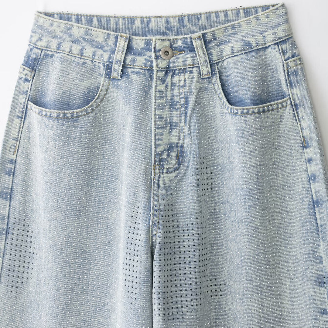 Ladies wide high-waisted jeans with wide leg and micro-perforated pattern Mune Fashion