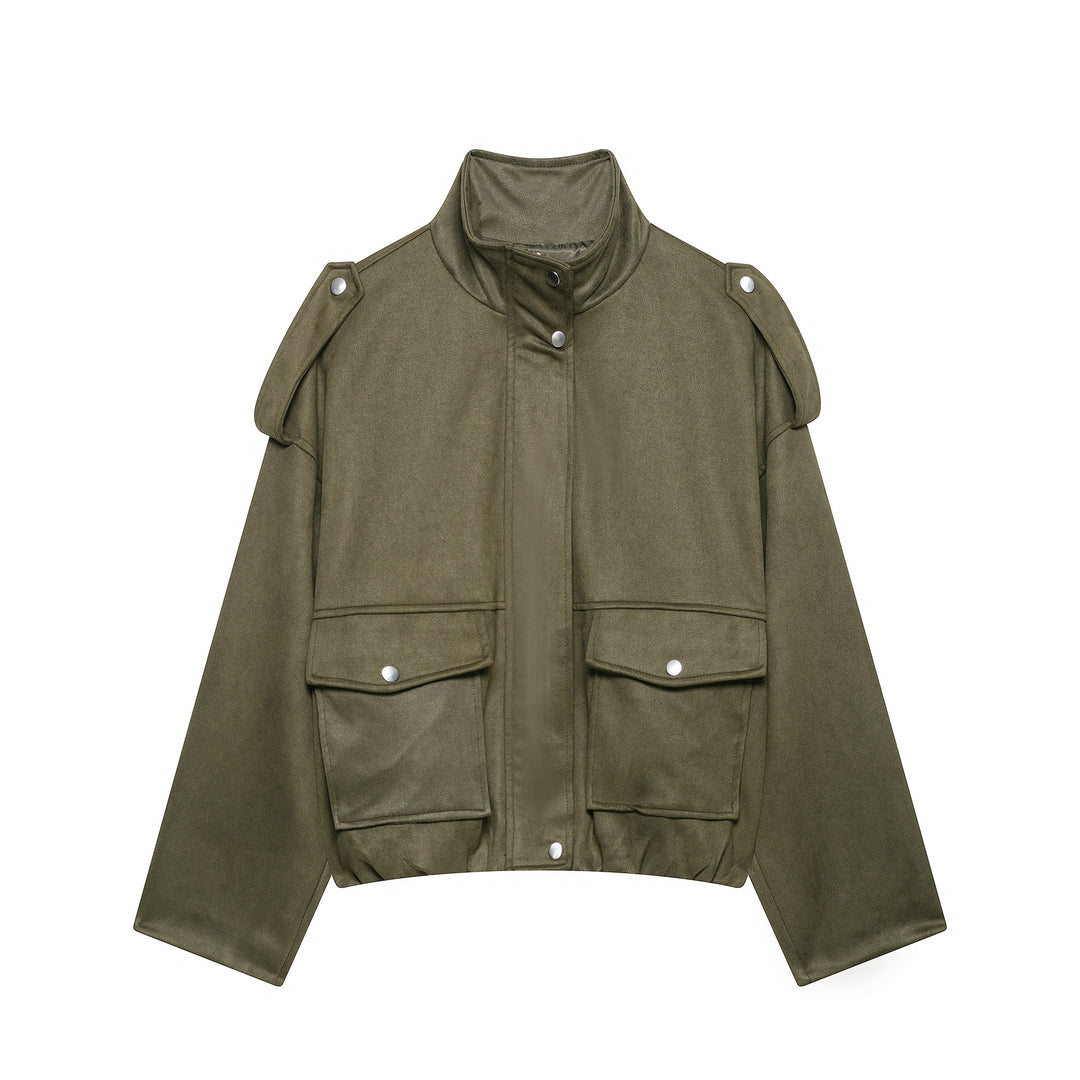 Women Short Suede Look Field Jacket with Stand-up Collar, Flap Pockets and Epaulettes Mune Fashion