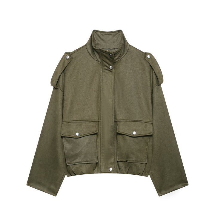 Women Short Suede Look Field Jacket with Stand-up Collar, Flap Pockets and Epaulettes Mune Fashion