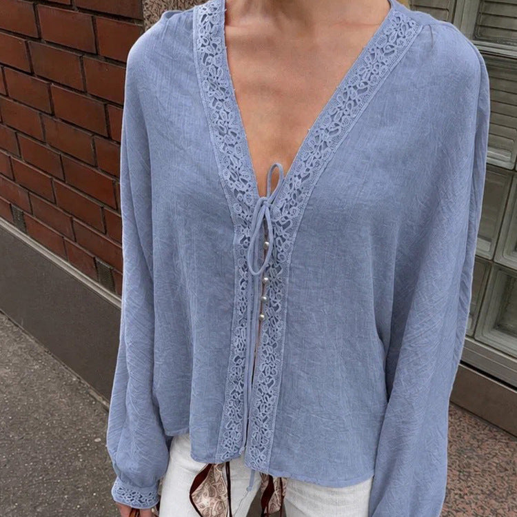 Women's Light V-Neck Lace Blouse with Tie, Pearl Detail & Volume Sleeves Mune Fashion
