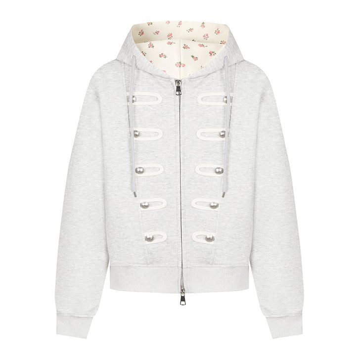 Women's hooded sweat jacket with decorative loops and metal button details Mune Fashion