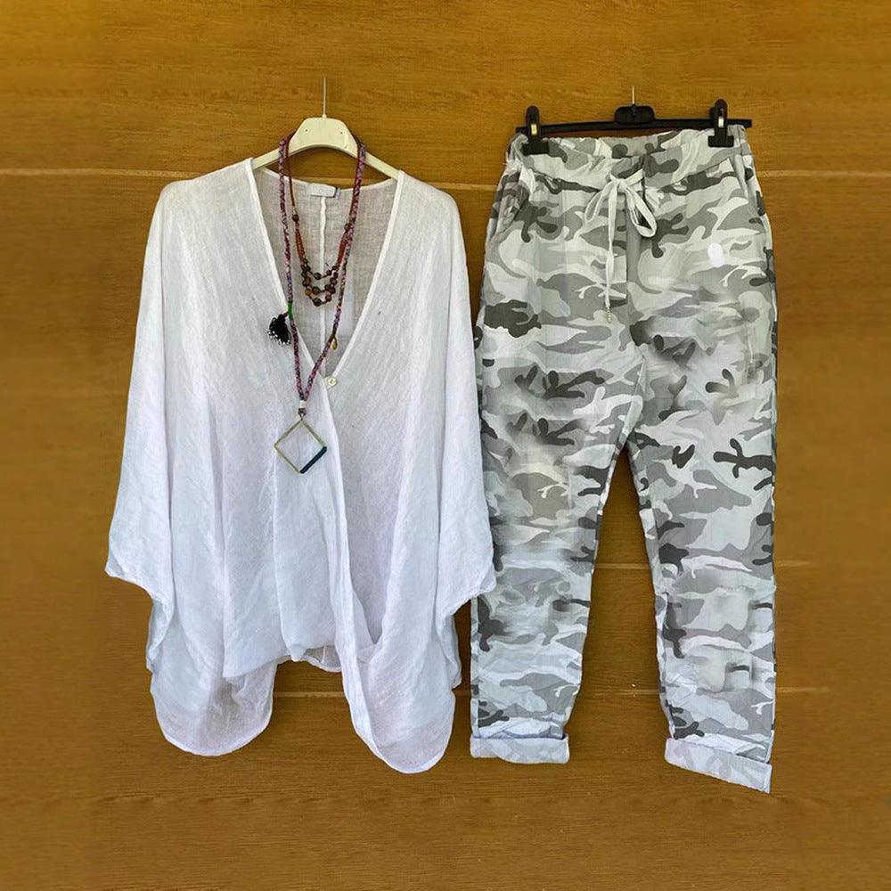 Women's two-piece outfit consisting of flowing kimono top and camouflage jogging pants Mune Fashion
