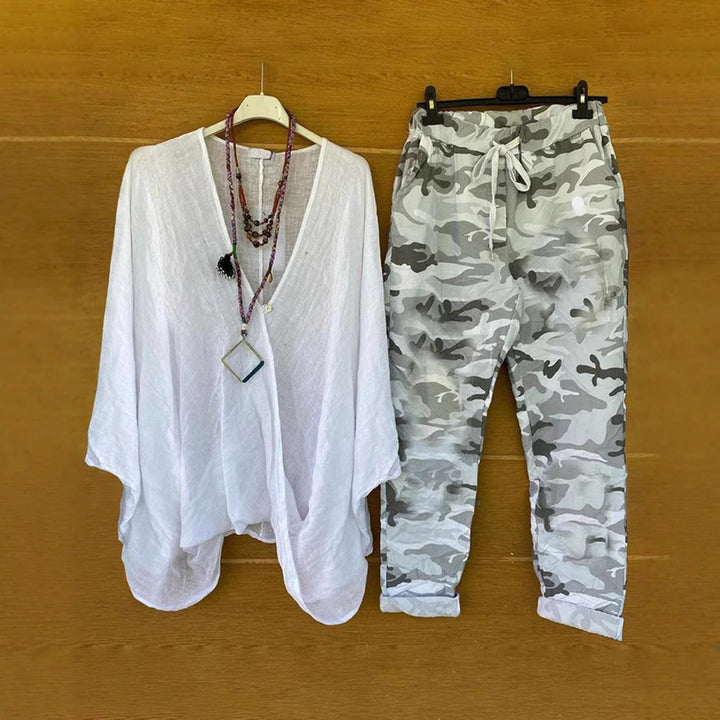 Women's two-piece outfit consisting of flowing kimono top and camouflage jogging pants Mune Fashion