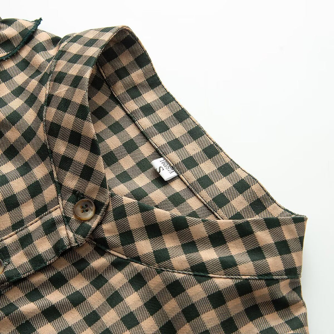 Women Checked Ruffled Blouse with Stand-up Collar and Ruffle Details Mune Fashion