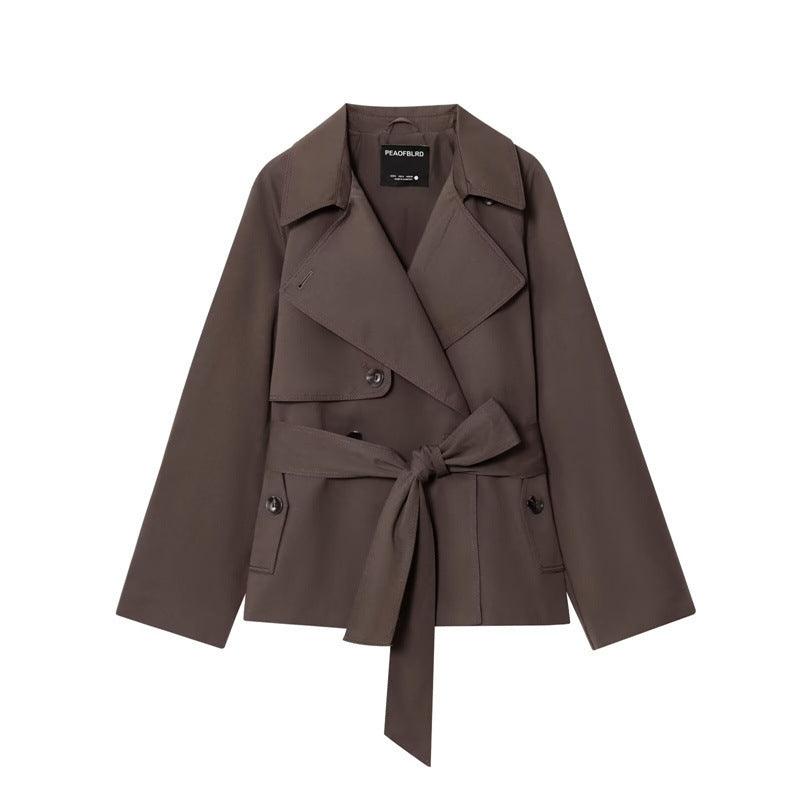 Ladies Cropped Trench Coat with Shawl Collar, Tie Belt and Flap Pockets Mune Fashion